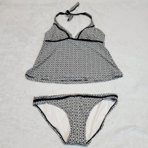 Converse White Black Logo Print 2 piece Halter Top Bikini Swimsuit Swim Bottom L - Picture 1 of 11